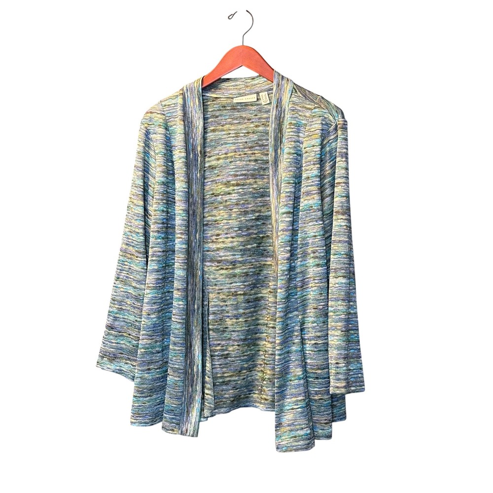 Susan Graver Cardigan Womens 1X Blue Green Space Dye Open Front Knit Sweater